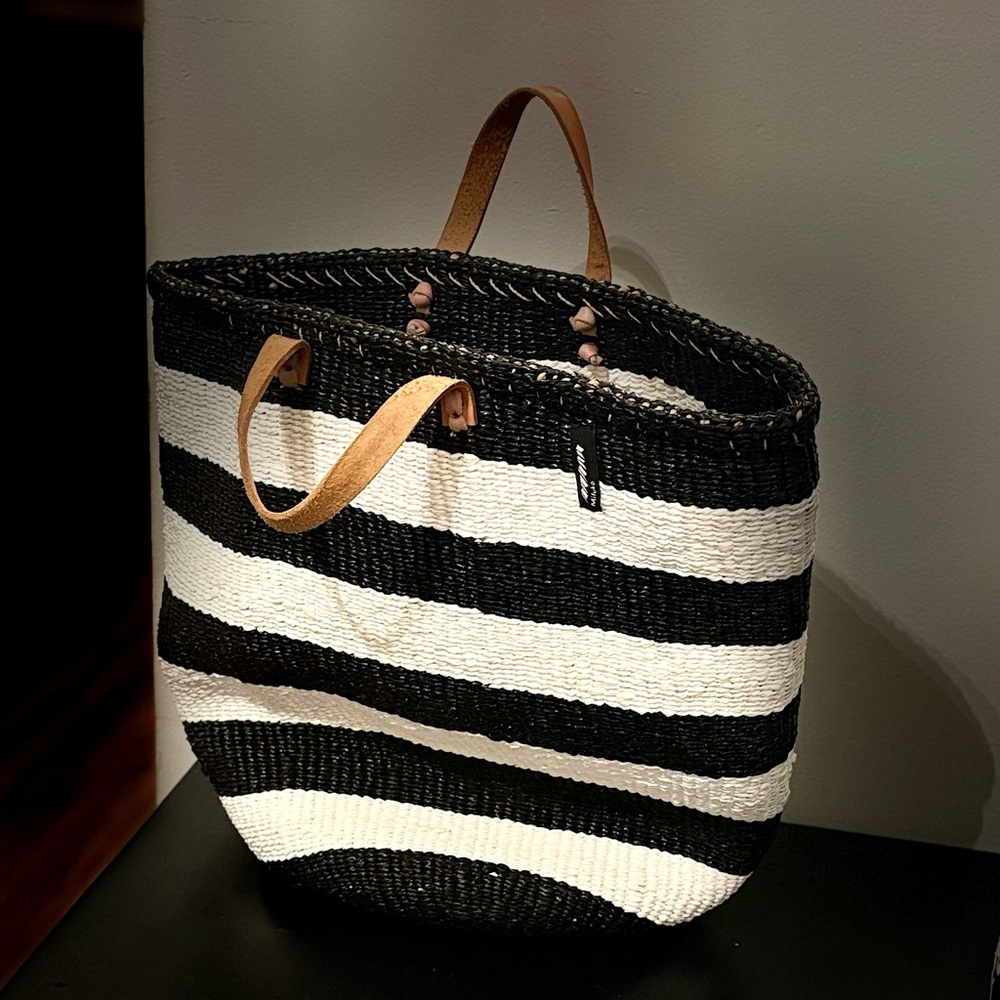 Mifuko Striped Black/White Tote Bag Tan Handles Width 19 inches,Height 16 inches
